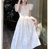 Fashionkova Women's Sweet Flying Sleeve Midi Dress Summer Embroidery Female Vintage O-Neck Clothes Elegant Lady Chic A-line One Pieces Robe Outfit Ideas