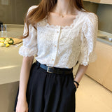 Fashionkova Vintage Hook Hollow Flower Tops Elegant Lace Shirt Elegant Women Clothes Summer Square Collar Short Sleeve Blouse Blusas 13934