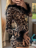 Fashionkova party outfit  Rockmore Leopard Fur Collar Hooded Jumpsuit Women Vintage Bodycon Romper One Piece Bodysuit Street Zipper Long Sleeve Playsuit