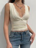 Fashionkova Solid Sleeveless Two Layer Lace V Neck Slim Y2K Crop Top Women Cute Basic Summer Vest