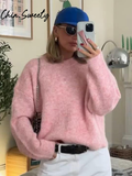 Fashionkova Party Outfit Preppy Knit Women Pullover Casual Full Sleeve O Neck Pleated Female Sweater 2024 Autumn Winter Fashion Pink Soft Lady Knitwear