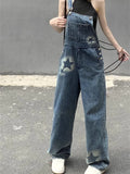 Fashionkova Party Outfit Women's Star Print Blue Overalls Fashion Wide Leg Girl Suspender Jumpsuits Pant Female Streetwear Rompers Straight Denim Trouser