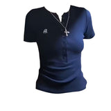 Fashionkova Summer Korean Women V-neck Short-sleeve T-shirt Slim Elastic Skinny Crop Tops 2025 Spring New Short Sleeve TShirt Casual Tees Casual Outfit