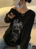 Fashionkova party look inspos Y2K T-shirt Fairy Grunge 2023 Vintage Letter Print Tops Black Autumn Off Shoulder Long Sleeved Korean Tees Loose Harajuku Shirt