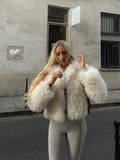 Fashionkova Party Outfit Chic Fluffy Solid Women's Short Faux Fur Jacket Elegant Luxury Lapel Long Sleeve Coats Autumn Winter Warm Lady High Street Tops