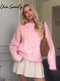 Fashionkova Party Outfit Preppy Knit Women Pullover Casual Full Sleeve O Neck Pleated Female Sweater 2024 Autumn Winter Fashion Pink Soft Lady Knitwear