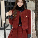 Fashionkova  party look inspos Autumn Winter New Red Tweed Two-piece Skirt Set Women Short Jacket Coat Pleated Mini Skirt Korean Fashion Chic Female Outfits