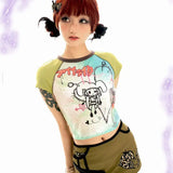 Fashionkova Kawaii Cute Print Vintage Summer Tees Y2k Harajuku Camisetas Aesthetic Cartoon Slim Short Sleeve Crop Tops Tshirts Women O Neck Valentine's Day Aesthetic