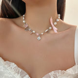 Fashionkova Pink Bow Peach Heart Imitation Pearl Choker Necklace Trend New Strawberry Pendant Necklace for Women Y2K Accessories