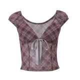 Fashionkova Retro American Plaid Slim Top New Mesh Splicing Bow V-Neck Tank Top Spring  Commute High Street Sexy Vest 2025 Women's Spring Style 2025