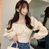 Fashionkova Elegant Blouses Women Sweet Puff Sleeve Bow Bandage Shirts Korean Streetwear Vintage Square Neck Lace Up Slim Casual Crop Tops ootd