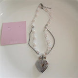 Fashionkova Gothic Cute Y2K Stainless Steel Bow Heart Pink Cross Pendant Beaded Pearl Snake Chain Necklace For Egirl 2000s EMO Acssesories