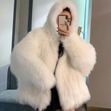 Fashionkova Fashion Hooded Faux Fox Fur Jacket Women Winter Warm Furry Jackets New Streetwear Loose Casual Gray Coats Female Outerwears ootd