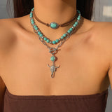 Fashionkova 3pcs Set Vintage Ethnic Style Bull Head Pendant Necklace for Women Exquisite Green Stone Beads Clavicle Chain Jewelry