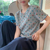 Fashionkova 2024 New Summer Korean Version Young Style Short Sleeved Slim Fit Round Neck Printed Polka Dot Shirring Women's T-shirt Top Casual Outfit