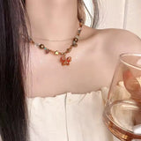 Fashionkova Fashion Retro Beaded Butterfly Metal Y2K Sun Star Opal Pendant Chain Choker Necklace For Women Bohemia Charm Jewelry Accessories