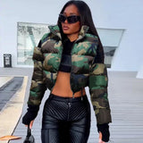 Fashionkova Street Women Camouflage Zipper Puffer Jacket Hollow Out Sleeve Camo Bubble Coats Stand Collar Collect Waist Parkas Down Jacket Valentine's Day Aesthetic