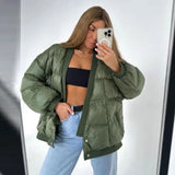 Fashionkova Party Outfit Green Short Cotton Coat Women Casual Long Sleeve V-neck Pleated Button Female Jacket 2024 Autumn Winter Vintage Lady Outwear