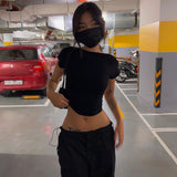 Fashionkova 2024 Women Summer Black y2k Short Sleeve O-neck Crop Tops Sexy Backless Slim Fits T-shirts Casual Tees Streetwear Clothes