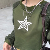 Fashionkova Women Hip Hop Coats Harajuku Casual Loose Hooded Sweatshirt Green T-shirt Patchwork Star Print Hoodie Short Cut With Exposed Fairycore
