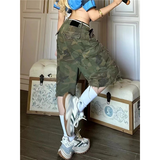 Fashionkova American Retro High Waist Mid Long Jeans Pockets Hip-hop Baggy Shorts Women's Casual Y2K Grunge Camouflage Washed Denim Shorts