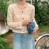 Fashionkova Long Sleeve Crochet Top for Women Sheer Button Up Hollow Out Openwork Knit Cardigan Jacket Spring Summer Boho Vacation Outfit Casual Outfit