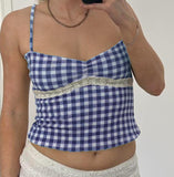 Fashionkova Women Y2K Gingham Tank Top Spaghetti Strap Checkered Lace Trim Camisole Plaid Backless Slim Fit Cami Tops Streetwear Fairycore Outfit Idea