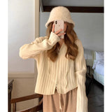 Fashionkova Hooded Knitted Cardigan Women Korean Cropped Sweater Outerwear Winter Fashion Pink Long Sleeve Knitwear Streetwear Loose Jumpers ootd