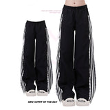 Fashionkova party outfit  Deeptown Vintage Striped Black Sports Pants Women Baggy Patchwork Lace Wide Leg Jogging Trousers Summer Korean Casual Sweatpants