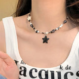 Fashionkova Vintage Goth Cool Star Pendant Beaded Chain Necklace For Women Dopamine Black Star Beaded Necklace Kpop Y2K Jewelry Accessory