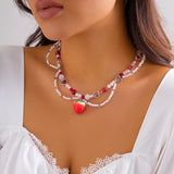 Fashionkova Ingemark Kpop Sweet Imitation Pearl Chain Strawberry Pendant Necklace for Women Wed Bridal Love Heart Choker Aesthetic Jewelry