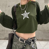 Fashionkova Women Hip Hop Coats Harajuku Casual Loose Hooded Sweatshirt Green T-shirt Patchwork Star Print Hoodie Short Cut With Exposed Fairycore