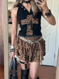 Fashionkova Gothic Aesthetic Vintage Skinny 2-piece Set Women Y2k Sexy High Street Leopard Print Hooded Tops Retro High-waist Cake Skirt New Outfit Ideas