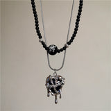 Fashionkova Goth Harajuku Black Lava Heart Wings Pendant Chain Black Beaded Necklace For Men Women Halloween Y2K 2000s Jewelry Accessories