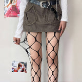 Fashionkova 1 Piece Punk Mesh Stockings Goth Broken Fishnet Stockings Black Back Line Hollowed Out Pantyhose Women