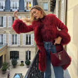 Fashionkova party look inspos Chic Spliced Faux Fur Coat For Women Lapel Full Sleeve Jacket Red Reffled Solid Vintage Warm Coat New Lady Winter Streetwears