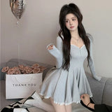 Fashionkova party look inspos Sexy Korean Dress French Style Waist Closed Long Sleeve Collarbone Exposed Sweet Lace-waisted Pleated A-line Tutu Skirt 2024