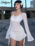 Fashionkova Solid Skew Collar Ruched Straps Lace-Up See Through Draw String Mini Dress 2023 Summer  Women Party Clubwear Wholesale