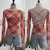 Fashionkova Women Retro Printed Slim See Through Mesh Top With Contrasting Straps Backless Long Sleeve Bottoming Cropped Top Y2K Streetwear