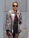 Fashionkova party look inspos 2024 Silver Fur Leather Patchwork Lapel Coat Women New Single Breasted Pockets Long Sleeve Jackets Chic Female Streetwear