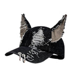 Fashionkova Niche Y2k Rabbit Ears Denim Ripped Baseball Cap Men and Women Dark Personality Metal Ring Street Trend Adjustable