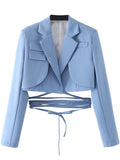 Fashionkova Valentine's Day Aesthetic Articat Gray Double Layer Bandage Slim Blazer Women Long Sleeve Pocket Short Jacket Female Notched Collar Outwear Tops 2021 New