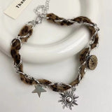 Fashionkova Y2K Star Sun Pendant Brown Plush Leopard Chokers Leather Chain Necklace Women Men Advanced Sense Accessories Aesthetic Jewelry