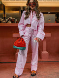 Fashionkova party look inspos Fashion Pink Patchwork Long Pant Set for Women Casual Lapel Long Sleeve Shirt Wide Leg Trousers Sets 2024 Spring New 2 Pcs Set