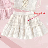 Fashionkova  party look inspos Autumn Kawaii Lolita Style Pink Skirt Sets Women Sweet Lace Bandage Tank Top Cute Mini Cake Skirt Chic Jacquard Relief Rose Suit