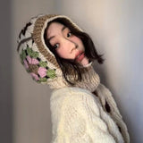 Fashionkova Knitted Hooded Caps Winter Balaclava Hats Women Korean Style Outdoor Warmer Drawstring Hats One-piece Neck Collar Beanies Cap fairycore