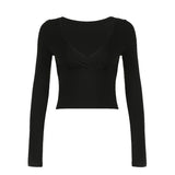 Fashionkova Valentine's Day Aesthetic Autumn New Women T-shirt Sexy Black Folds V-Neck Low Chest Bodycon Tees Streetwear Fashion Long Sleeves Casual Slim Female Tees