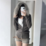 Fashionkova party look inspos Fur Collar Hooded Casual Sweater Coats Harajuku Zipper Slim Fit Knitwear Cardigan Autumn Winter All-match Women Jumpers