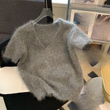 Fashionkova Matakawa Grey Mohair Short Pullovers V Neck Spring Autumn Korean Fashion Chic Women Sweaters Solid Vintage Basics Pull Femme Outfit Ideas