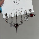Fashionkova 6PCS Gothic Red Crystal Heart Cross Star Pendant Earrings Set For Women Men Trend Punk Grunge Y2K Aesthetic Jewelry Accessories